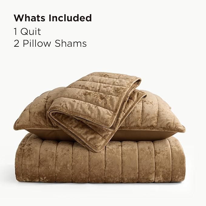 Bedsure Velvet Quilt King Size Set - 108"x96" Lightweight Velvet Comforter King, Oversized Luxury Bedspread Coverlet, Ultra-Soft Winter Bedding Set with 2 Pillow Shams, Caramel Gold