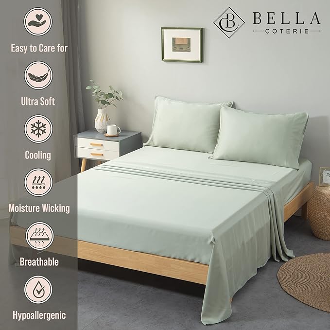 Bella Coterie Luxury Bamboo Viscose Split King Size Sheet Set | 2 Fitted Sheets for Sleep Number & Adjustable Beds | 100% Organically Grown | Cooling & Ultra Soft | 18” Deep Pocket [Sea Glass]