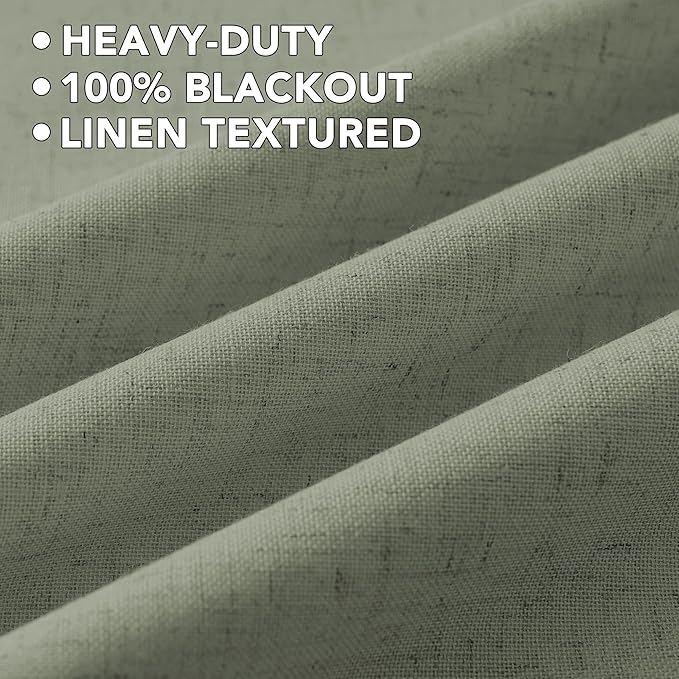 H.VERSAILTEX Linen Curtains 100% Blackout Curtains for Bedroom 54 inch Long Full Light Blocking Nature Linen Blended Window Curtains for Living Room Nickel Grommet (2 Panels, Heathered Dried Sage)