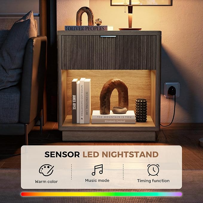 Miereirl Fluted Nightstand Charging Station, Wooden Vintage Night Stands Curved Corners Storage Cabinet for End Table with Drawers, Light Grey Oak