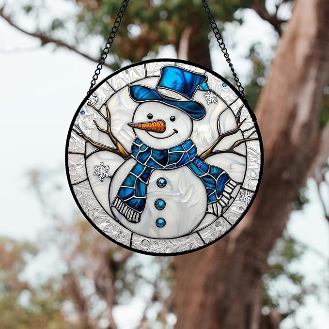 Stained Glass Window Hanging 4 Pcs Set White Winter Christmas Snow Scene 7.8" - Suncatcher Door Garden Sun Catcher Decor Birthday for Mom Woman Nana Men Friend Wife