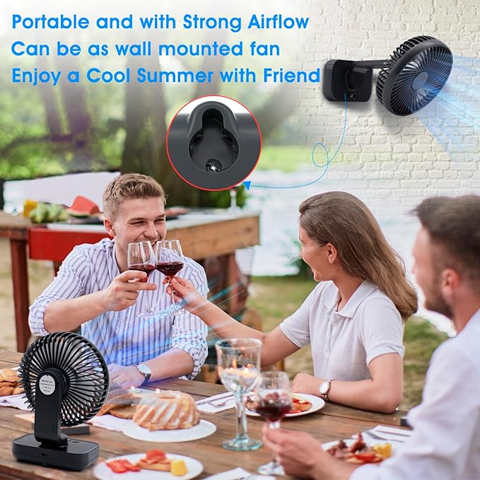 Digibond Oscillating Fan 5.1in Small Wall Mounted Oscillating Desk Fan Auto 90° Rotated Quiet 4 Speeds 4500mAh Rechargeable Battery Powered Cordless USB Fan for Indoor/Outdoor/Bedroom(Black)