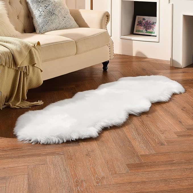 duduta White Faux Sheepskin Runner Rugs 2x6 ft, Fluffy Shag Bedroom Rug Fur Sofa Couch Covers Washable