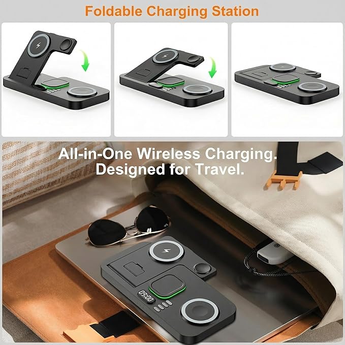 Dual Phone Magnetic Wireless Charging Station for Apple Devices/Apple Ecosystem,with Auto-Switch 7-Color Light & Clock, Compatible with iPhone 17/16/15, for iWatch 11/10/9 & AirPods Pro3（Black