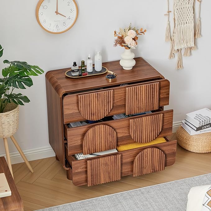 3 Drawer Dressers for Bedroom, 31.5" Wide Large Mid Century Modern Fluted Nightstand, Wood Dresser & Chest of Drawers with Curved Profile for Living Room, Entryway, Hallway, Walnut