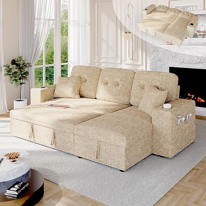 90 Inch Sleeper Sofa Bed, 4 in 1 Pull Out Couch Bed with Adjustable Backrest | Reversible Storage Chaise | Wide Armrest | Tool Free Assembly, Sectional Couches for Living Room, Khaki Chenille