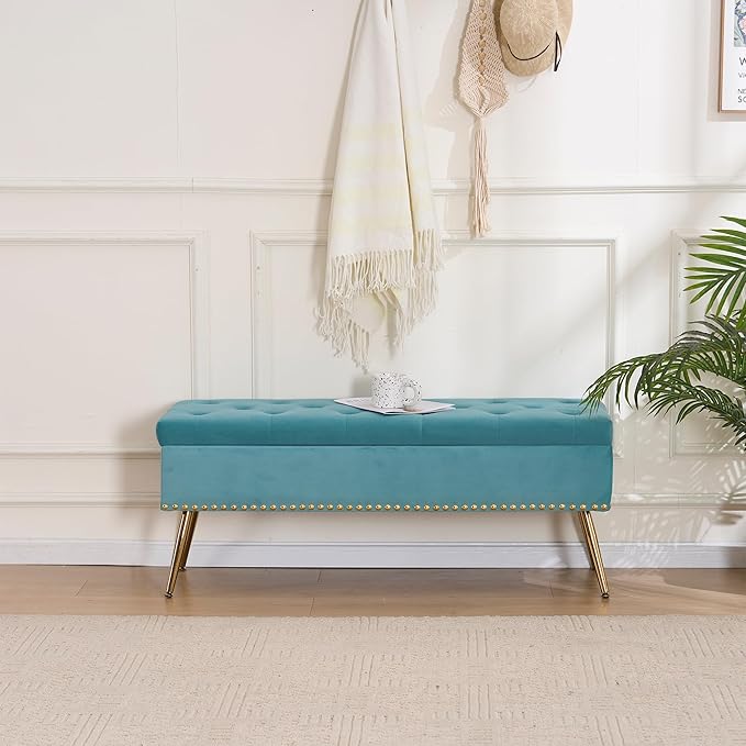 Velvet Storage Bench with Gold Legs& Nailhead Trim, 46" Wide Upholstered Modern Bedroom Bench for End of Bed, Tufted Ottoman for Entryway Living Room Dining Room (Sage Green, 46" Wide)