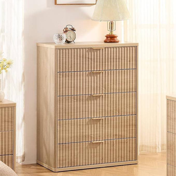 LEYAOYAO Fluted 5 Drawers Dresser Set of 2, 41" Tall Modern Chest of Drawers with Metal Handle, Curved Profile Dresser TV Stand, Wooden Drawer Organizer for Bedroom, Living Room, Hallway, Lightgrey