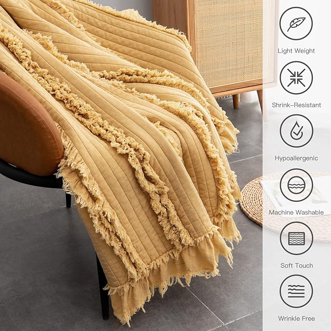 Ultra Soft Pre-Washed Quilted Boho Yellow King Size Blankets for Bed, Ruffle Fringed Decorative Throw, Stone Washed Chic Rustic Blanket for Sofa Couch Bed, 104"*90"
