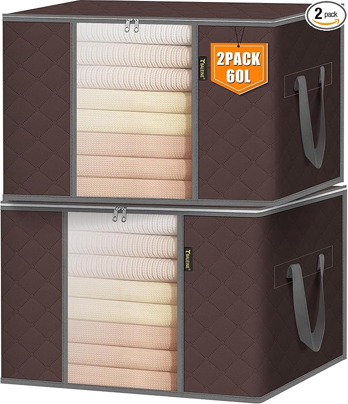 BALEINE 2 Pack Clothes Storage Bags, 16 Gallon Storage Containers with Reinforced Handle, Sturdy Zipper, Closet Organizer for Blanket, Comforter, Pillow, Bedding (Brown, 2 Pack)