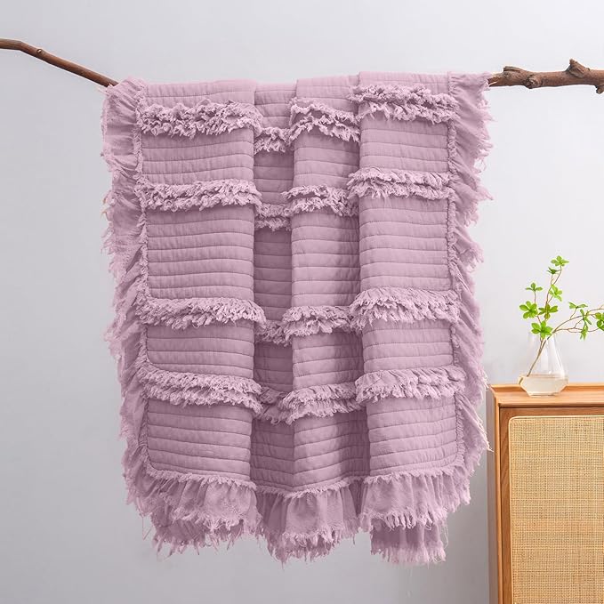 Ultra Soft Pre-Washed Warm Quilted Throw Blanket, Ruffle Fringed Purple Boho Decorative Throw, Stone Washed Chic Rustic Blanket for Sofa Couch Bed Chair, 50"x 60"