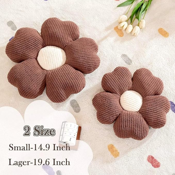 Kcvvcr Flower Throw Pillow, Cute Flower Shaped Pillow Decorative Throw Pillow for Bed Couch, Soft Daisy Pillows Floor Seating Cushion Cushions (14.9 Inch Brown)