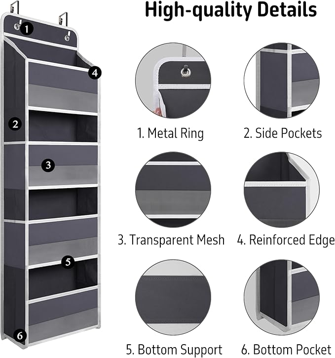 TYMENSH Over The Door Hanging Organizer with 4 Large Pockets – Closet, Bathroom, Nursery, Bedroom, Dorm Storage for Toys, Cosmetics, and Baby Essentials, Gray