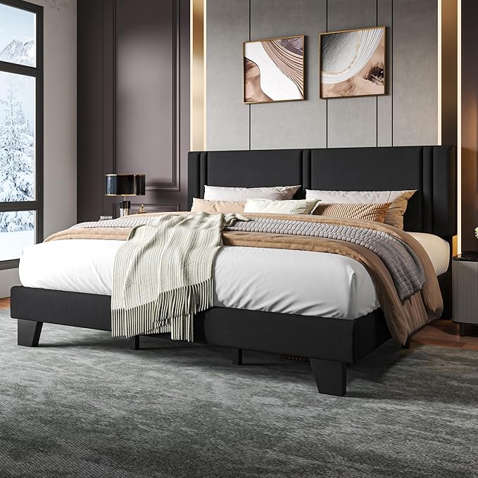 Upholstered King Size Bed Frame with Linen Fabric Headboard, Strong Wooden Slats Support, Noise Free, No Box Spring Needed, Black