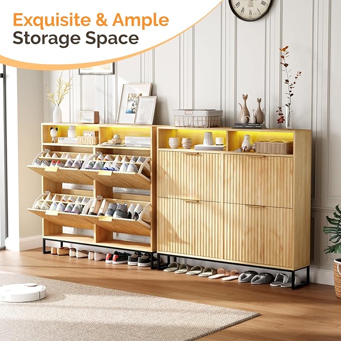 VINGLI Fluted Shoe Cabinet Storage for Entryway,Hidden Shoes Storage Cabinet with 4 Flip Drawers, Mid Century Modern Shoe Rack with LED Light,Shoes Organizer with Cubby for Hallway(Natural Oak)