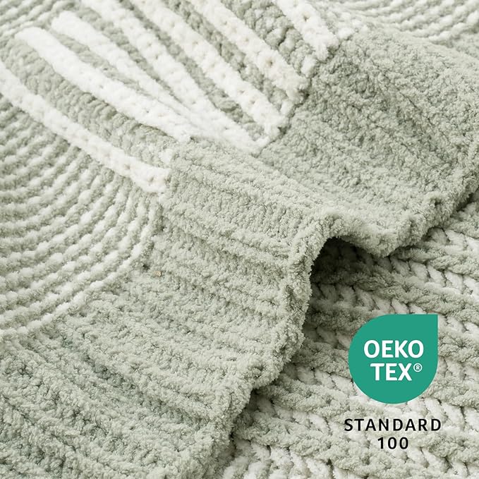 Amélie Home Checkered Knit Throw Blanket for Couch, Chenille Texture Decorative Soft Blanket for Sofa & Chair, 50"x60", Sage Green & White