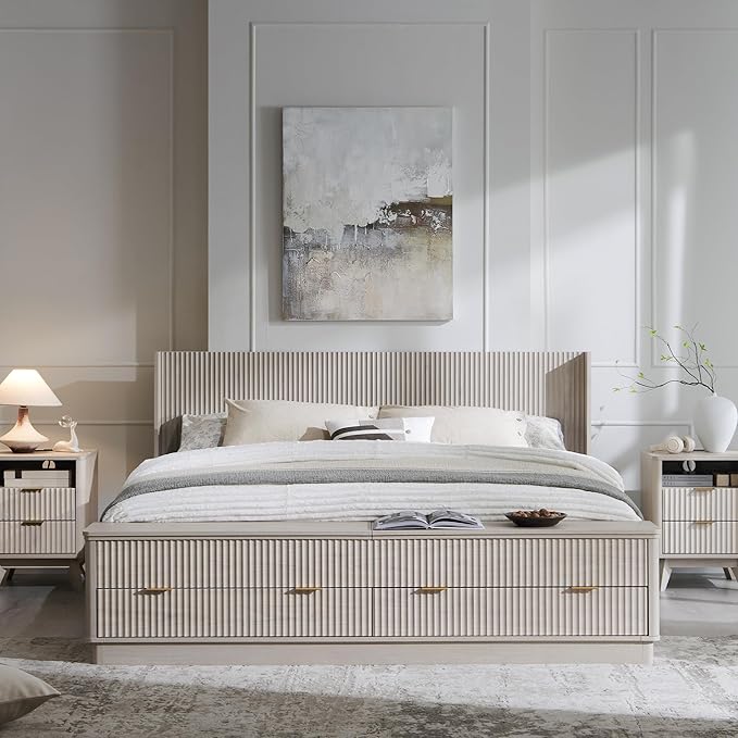 T4TREAM Fluted King Size Bed Frame with Wingback Headboard, Footboard Storage Bench with Built-in Drawers & Lift-Up Compartments, Wood & Steel Platform Bed, No Box Spring Needed, White Alder