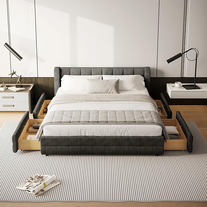 DEINPPA Queen Size Bed Frame with 4 Storage Drawers and Cloud Soft Headboard, Chenille Upholstered Grounded Wood Base Bed Frame, No Box Spring Needed-Dark Grey