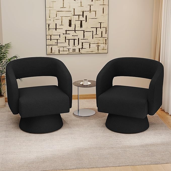 Swivel Accent Chair Set of 2, Modern Comfy Teddy Barrel Chairs, Oversized Upholstered Round Arm Chair for Living Room, Bedroom, Reading Room, Black