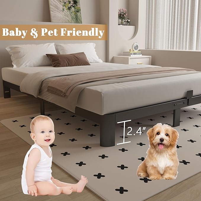 King Size Bed Frame 4 Inch Black, Metal King Bed Frame with Baffles, No Box Spring Needed, Heavy Duty Steel Platform Support, Rounded Corner Legs, Reserved Holes, Noise Free, Easy Assembly