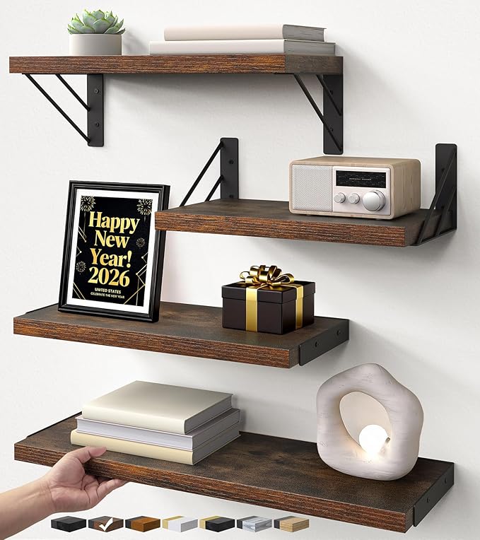 BAYKA Wall Shelves for Bedroom Decor, Floating Shelves for Wall Living Room Kitchen Storage, Mounted Rustic Wood Floating Shelves for Kids Books, Corner Shelf for Bathroom(Rustic Brown，Set of 4)