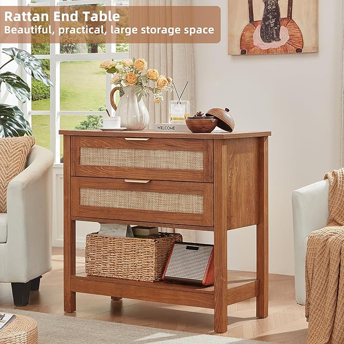LEYAOYAO 31.5" Wide Rattan Night Stand, Large Boho Nightstand, Bedside Table with Storage, Tall Bed Side End Tables, Chest of Drawers for Bedroom, Living Room, Hallway（Brown,2 Drawers,2）