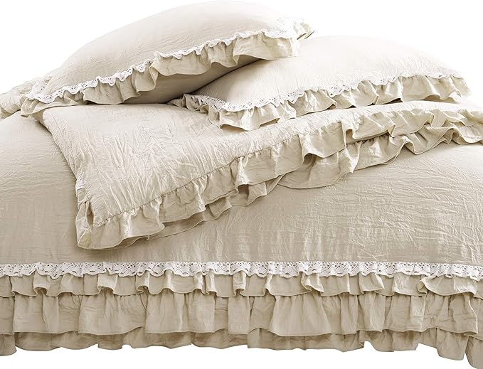 Lush Decor Ella Ruffle Lace Comforter, 3 Piece Set, King, Neutral - Cute Comforter - King Bedding Set - Beige Bedding - Coquette Decor - Beige Lace Trim - Ruffle Trim