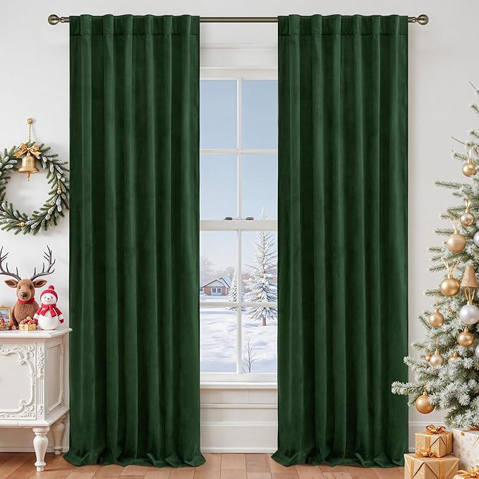 LAMIT Velvet Curtains 108 Inch for Living Room, Thermal Room Darkening Panels Noise Reducing Back Tab and Rod Pocket Christmas Drapes for Bedroom, Set of 2 Panels, Emerald Green, 52 x 108 Inch