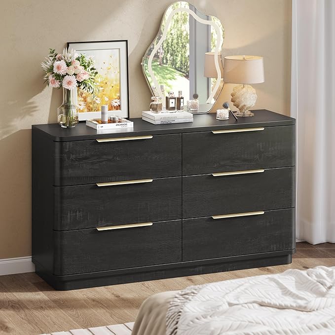 6 Drawer Dresser for Bedroom, 54" Wide Modern Chest of Drawers with Metal Handle, Curved Profile Design, Wooden Black Dresser Closet Clothes Storage TV Stand for Living Room, Hallway