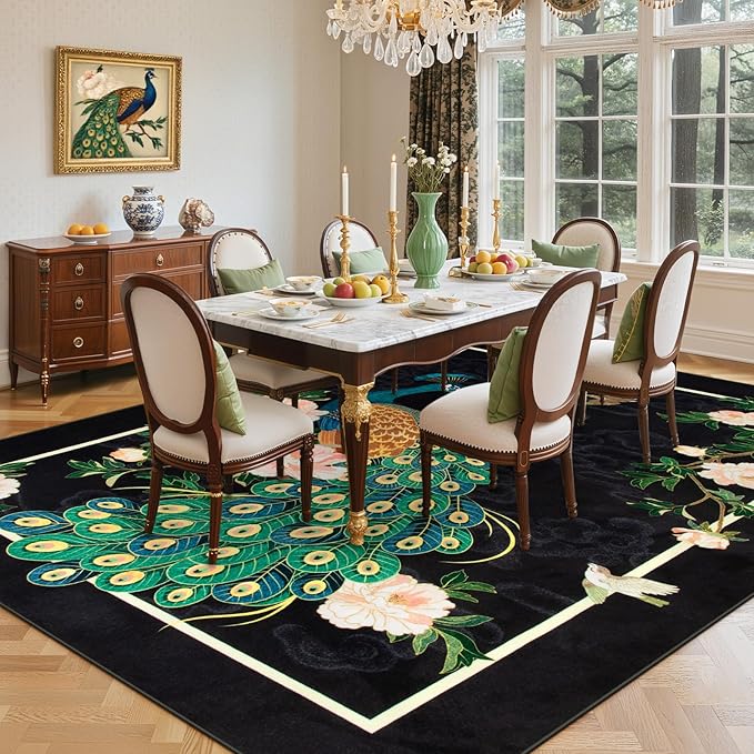Lahome Peacock Area Rugs 8x10, Black Washable 8x10 Rugs for Living Room, Floral Non Slip Vintage Ultra-Thin Stain Resistance Large Carpet for Bedroom Office Farmhouse Dining Room, Black