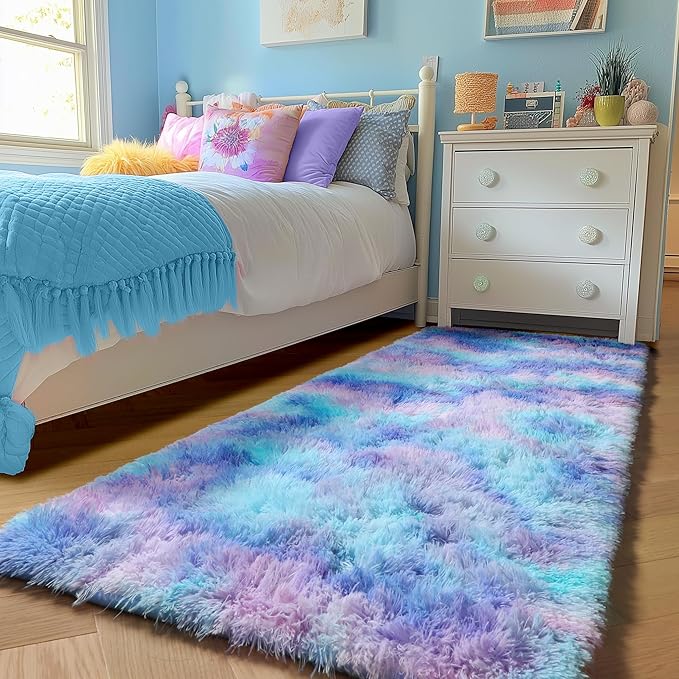 PAGISOFE Machine Washable Rainbow Runner Rugs for Girls Bedroom Hallway Plush Fluffy Purple Rug 2x6 Ft, Soft Carpet for Kids Room, Non-Slip Indoor Floor Rugs for Nursery Kids Girls Room Home Decor
