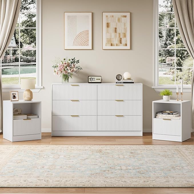 6 Drawer Dresser & Nightstand Set 3-Piece, 55” Wide Bedroom Set Night Stand Set of 2 with Metal Handle, Fluted Modern Wood Chest of Drawers Storage Dressers Set for Bedroom, White