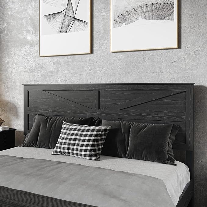 King Size Bed Frame with Farmhouse Headboard, Rustic Boho Wooden Bedframe with LED Lights and Charging Station, Easy Assembly, No Box Spring Needed (Black, King)