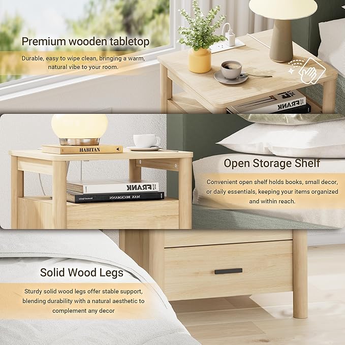 FavourLife Night Stand, 20" Wide Nightstand, Modern Large Nightstand with Charging Station, 2 Drawer Wooden End Table with Solid Round Post Legs & Open Shelf, Bedside Table for Bedroom, Natural Oak
