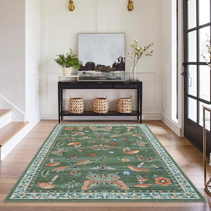 Mushroom Insect Area Rug 4x6 Green