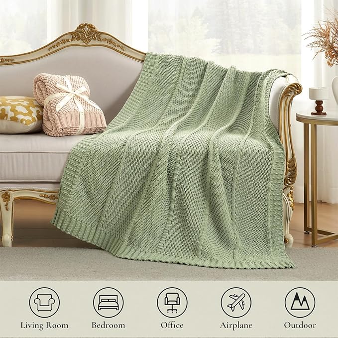 Amélie Home Chevron Chenille Knit Throw Blanket for Couch, Cozy Texture Decorative Soft Blanket for Sofa & Chair, 50"x60", Sage Green
