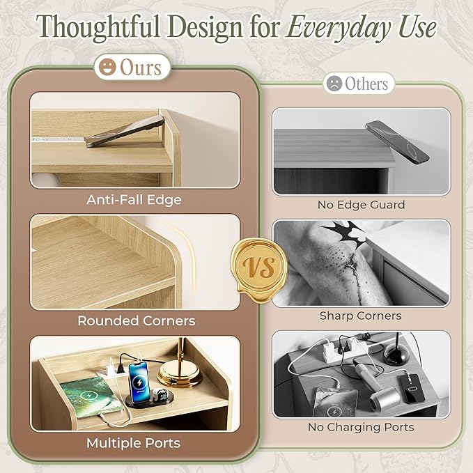 Huuger Nightstand with Charging Station, USB-C Port, Fluted Night Stand with Drawer, Bed Side Table with Solid Wood Feet, Open Storage, End Table with Raised Edge, for Bedroom, Natural