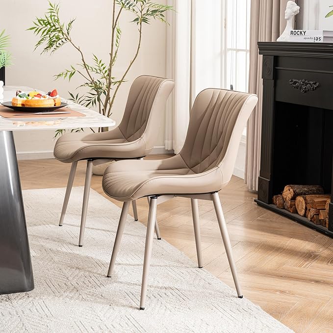 YOUTASTE Modern Upholstered Dining Chairs Set of 2, All Khaki Faux Leather Kitchen Chairs, Mid-Century Armless Accent Chairs with Metal Legs for Living Room, Bedroom