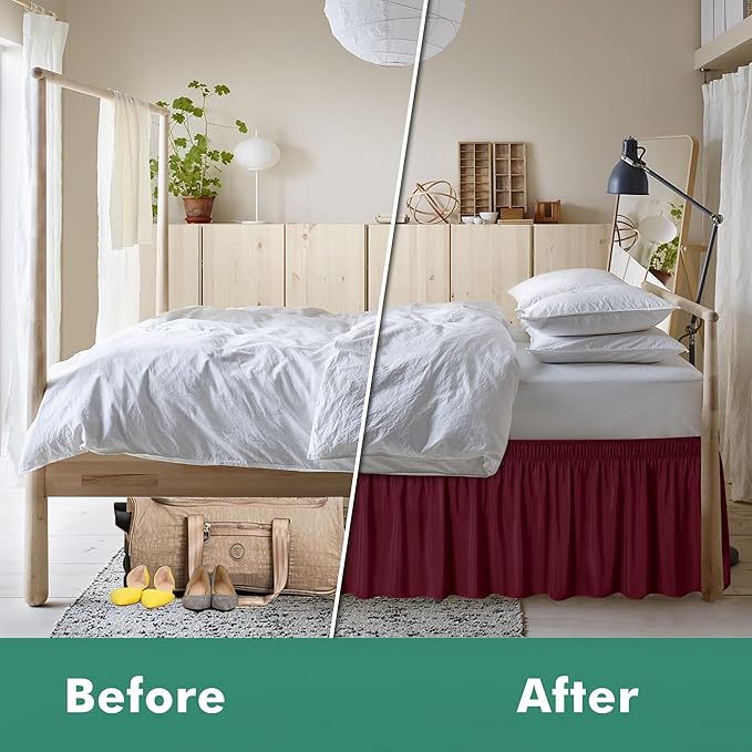 Biscaynebay Wrap Around Bed Skirts with Split Corners for King Beds 14" Drop, Burgundy Elastic Dust Ruffles Adjustable Easy Fit Wrinkle & Fade Resistant Silky Luxurious Fabric Machine Washable