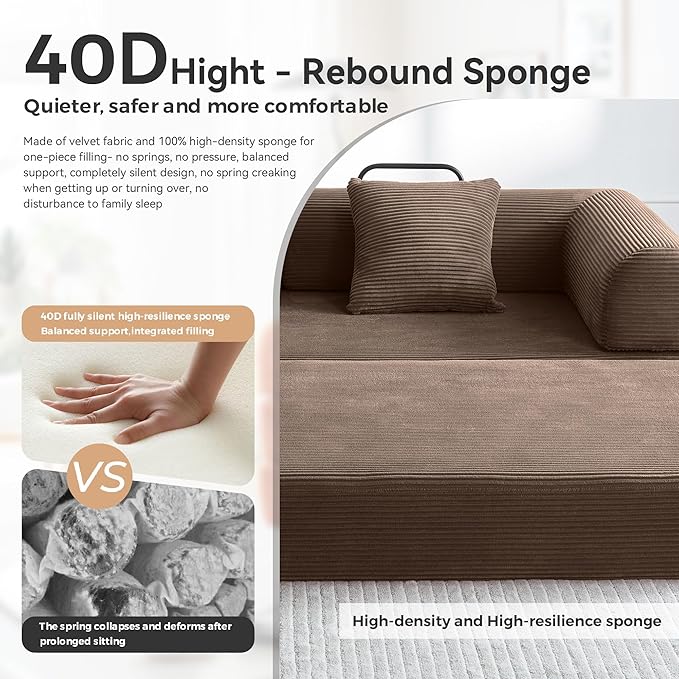 Convertible Modular Sleeper Sofa Bed, Mid Century Modern Decor Love Seat Memory Foam Couches, Sleeper Sofa Bed for Living Room, Solid & Easy to Install Cloud Couch (Brown)