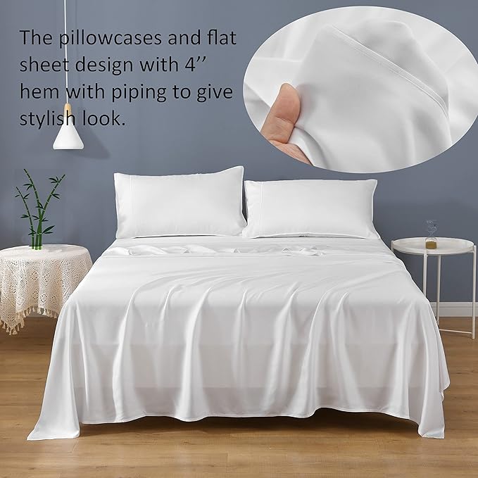 Linen World Cooling Bed Sheets Set Queen Size,100% Organically Grown Viscose Sheets,Deep Pocket Up to 16",4 Pieces Silky Soft,Breathable Bedding Sheets & Pillowcases(White,Queen)