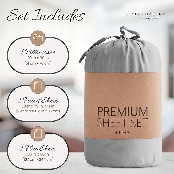 Linen Market Bed Sheets for Twin Size Bed (Light Gray) - Sleep Better Than Ever with These Soft and Cooling Twin Sheets - Deep Pocket Fits 16" Thick Beds - 3 Piece Twin Sheet Set