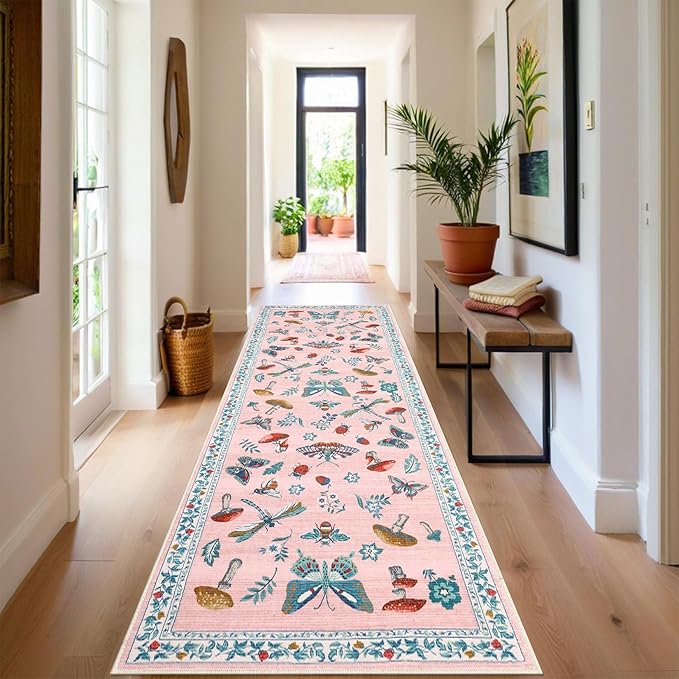 Mushroom Insect 2x6 Runner Rug for Hallway Washable Kitchen Rugs Non Slip with Rubber Back Pink Low-Pile Stain Resistant Indoor Carpet for Entryway Bathroom Laundry Dorm