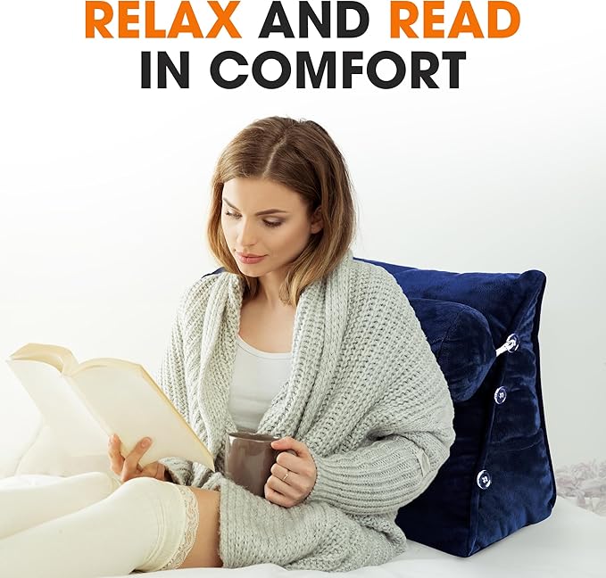 Cheer Collection Reading Wedge Pillow – TV Pillow with Adjustable Bolster Pillow, Memory Foam Back Support for Couch & Bed, Pillow Chair for Bed, Reading Pillows for Adults & Kids, Navy Blue