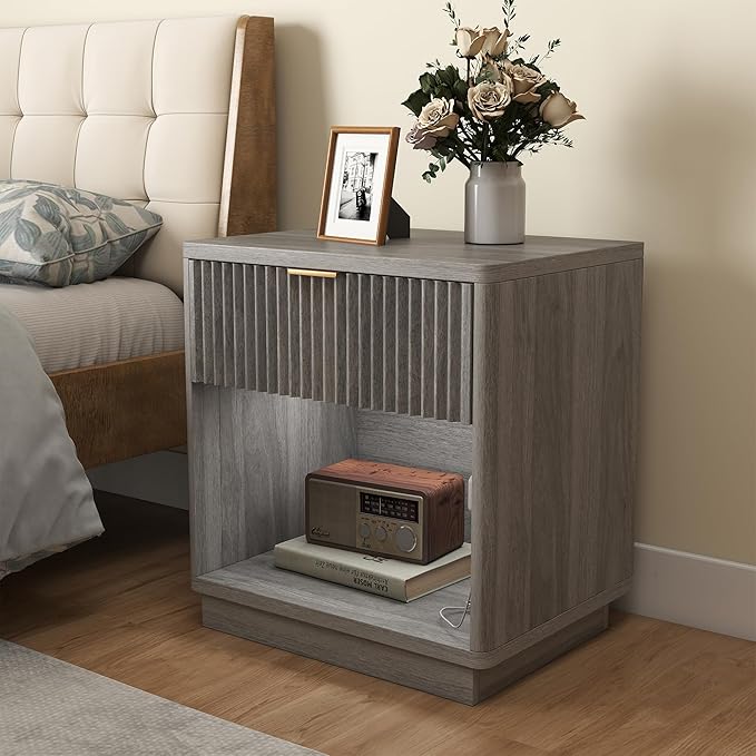 Miereirl Fluted Nightstand Charging Station, Wooden Vintage Night Stands Curved Corners Storage Cabinet for End Table with Metal Handle Drawers, Light Grey Oak