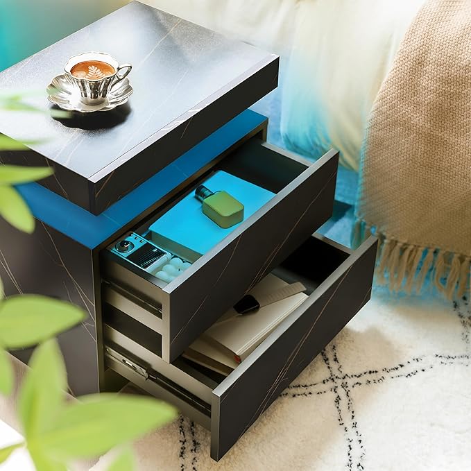 LED Bedside Table with 2 Drawers, Modern Nightstand Cabinet for Bedroom, End Side Table with Lights
