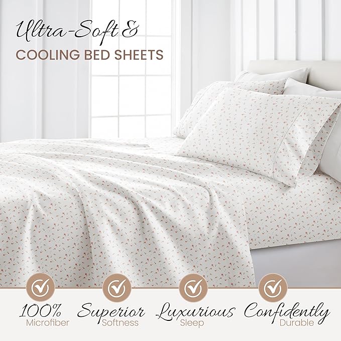Linen Market Double-Brushed Patterned Microfiber Full Sheet Set 4 Piece – Oeko-TEX Certified Ultra Soft & Wrinkle-Free - 16" Deep Pocket Sheets - Easy Care Full Size - Soft Floral Pink