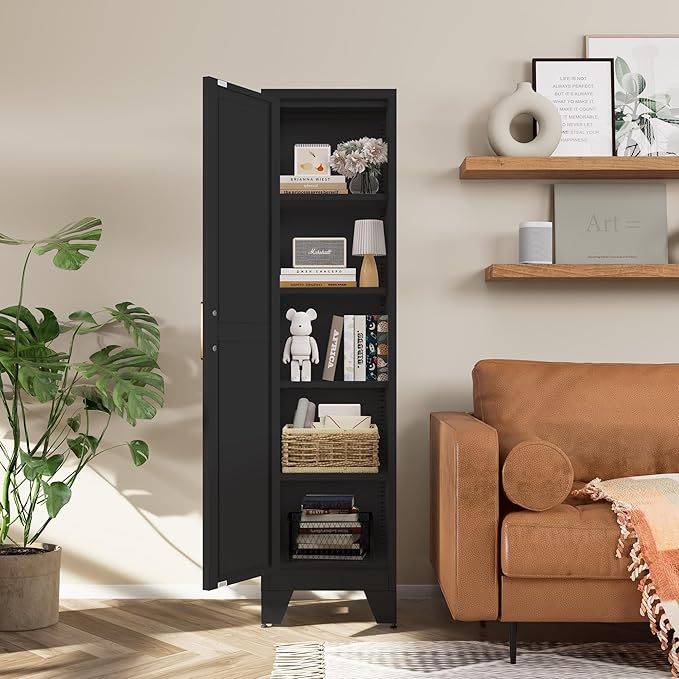 COFaR Tall Bathroom Cabinet, Metal Farmhouse Narrow Slim Storage Cabinet with Adjustable Shelves Barn Door for Bathrooms, Kitchens, Entrances Living Room (Black)