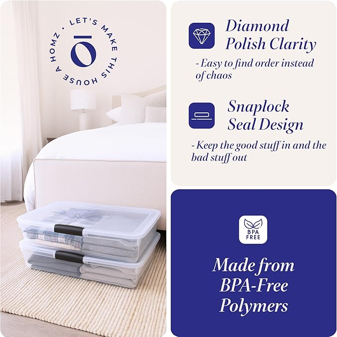HOMZ 2-Pack Under Bed Storage, Clear Plastic Containers with Lids, 56 Quart, Gray Latch - Stackable Underbed Organizer Bins for Shoes, Bags, Clothes, and Towels
