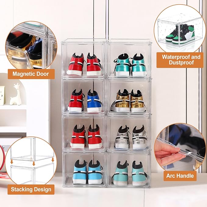 12 Pack Shoe Boxes, Acrylic Clear Shoe Boxes,360°Clear Plastic Stackable Shoe Display Box, Larger Shoe Storage Boxes, Shoe Containers, fit up to Us size 14